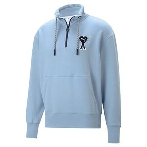 PUMA X AMI Half-Zip Sweatshirt Faded Denim Blue Cotton Drawstring Size XS